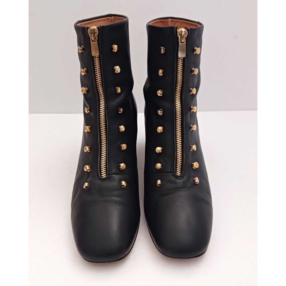 An Hour and A Shower Blk Leather Bootie Gold Studs Zipper Block Heel 40 US 9 - Picture 3 of 11
